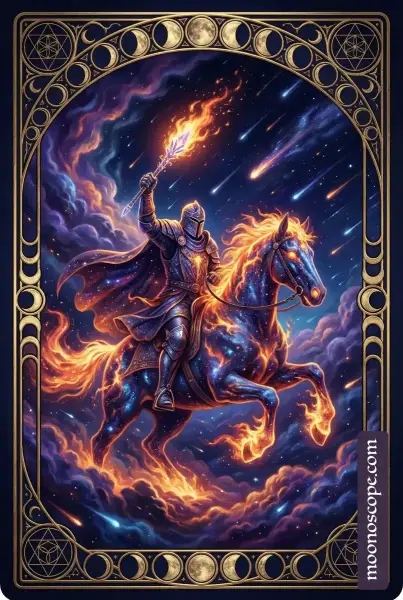 Ritter der Stäbe Tarotkarte: Ein Ritter auf einem Pferd mit einem brennenden Stab in den Händen