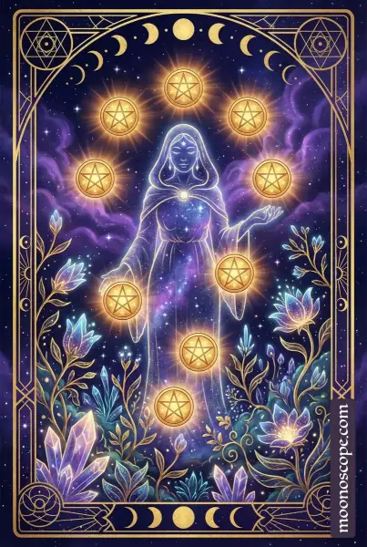 Neun der Münzen Tarotkarte: Eine elegante Figur in einem üppigen Garten mit neun goldenen Münzen, Symbol für finanzielle Unabhängigkeit und Wohlstand