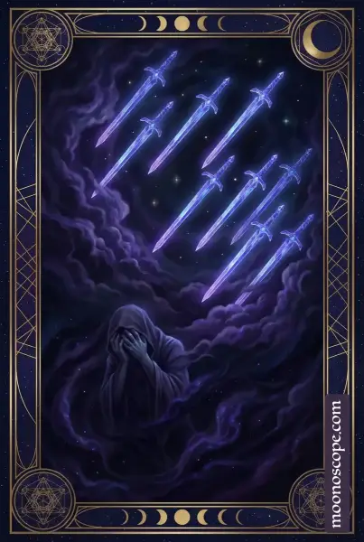 Tarotkarte Neun der Schwerter: Darstellung von Sorge und mentaler Belastung
