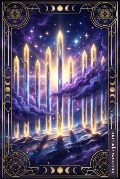 Neun der Stäbe Tarotkarte: Eine Figur umgeben von neun Stäben in aufrechter Haltung, symbolisierend Ausdauer und innere Kraft