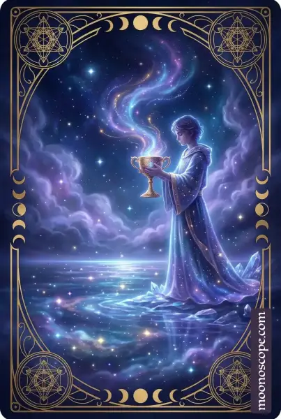 Page of Cups Tarotkarte: Junge Figur mit Kelch und Fisch, Symbol für emotionale Sensibilität und Kreativität