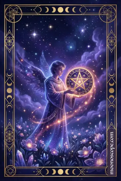 Page of Pentacles Tarotkarte: Ein junger Mensch hält aufmerksam ein Pentakel inmitten eines blühenden Gartens