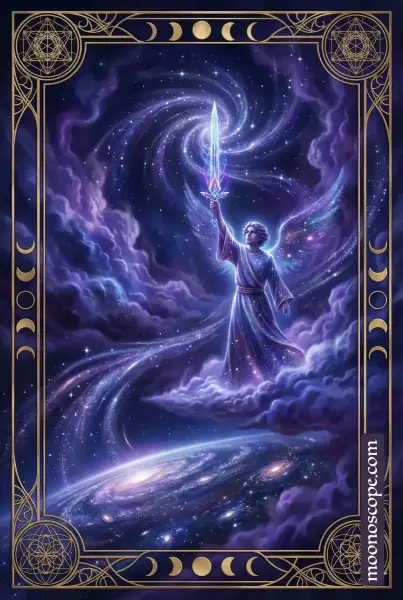 Page of Swords Tarotkarte – junge Figur mit erhobenem Schwert unter hellem Himmel, Symbol für Neugier und mentale Klarheit