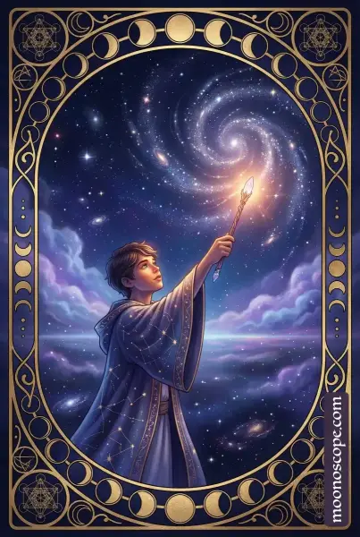 Page of Wands Tarotkarte zeigt einen jungen Menschen mit lebendigem Stab und loderndem Feuer