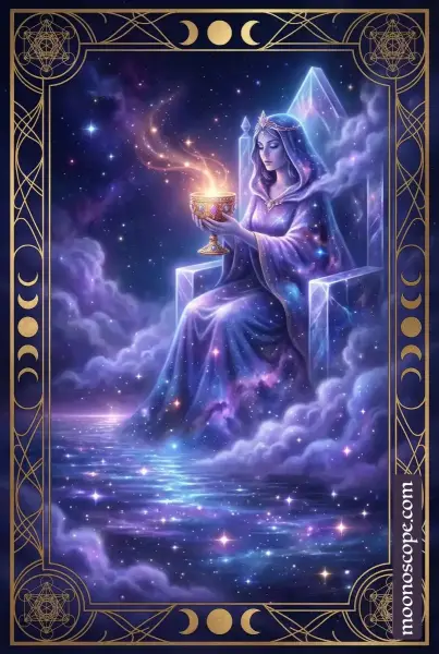 Kelch-Königin Tarotkarte: eine Frau auf einem Thron am Wasser, die einen goldenen Kelch hält und emotionale Tiefe und Intuition ausstrahlt