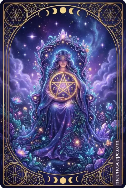 Königin der Münzen Tarotkarte: Eine reife Frau sitzt in einem Garten, hält eine Münze in der Hand und symbolisiert Wohlstand und emotionale Stabilität.