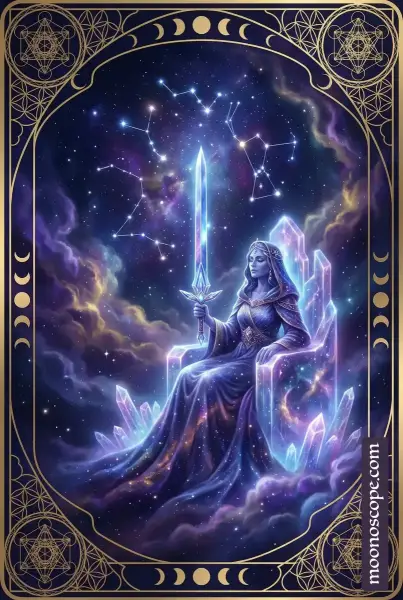 Königin der Schwerter Tarotkarte: Eine Königin mit Schwert auf einem Thron, umgeben von klarem Himmel