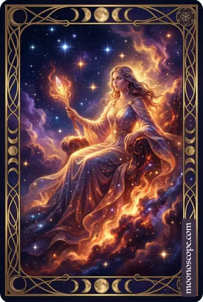 Königin der Stäbe Tarotkarte: Charismatische Frau mit Stab, Symbolen der Leidenschaft und inneren Kraft