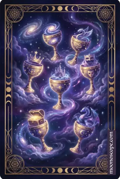 Sieben der Kelche Tarotkarte mit sieben Behältern und mystischen Symbolen