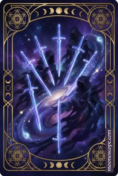 Sieben der Schwerter Tarotkarte zeigt eine Figur, die sich mit Schwertern davonmacht