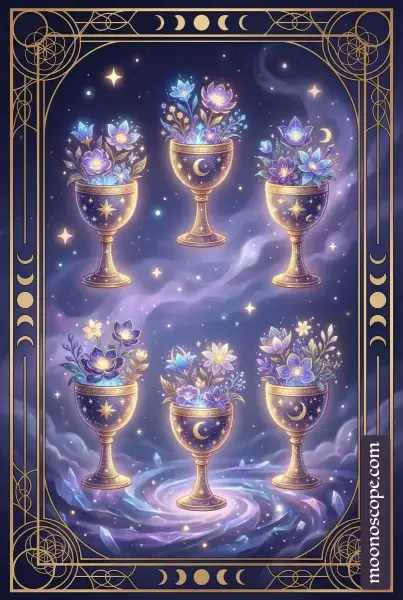 Sechser der Kelche Tarotkarte: zwei Figuren teilen Blumen in einer ruhigen, liebevollen Szene