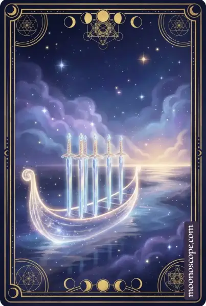 Sechs der Schwerter Tarotkarte: Boot auf ruhigem Wasser mit sechs aufrechten Schwertern, Übergang und Heilung