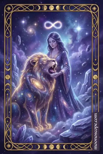 Strength Tarot Karte: Figur mit Löwe symbolisiert innere Kraft und Selbstbeherrschung
