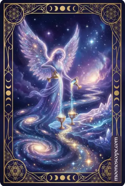 Temperance Tarotkarte: Engel gießt Flüssigkeit zwischen zwei Gefäßen, Symbol für Balance und innere Harmonie