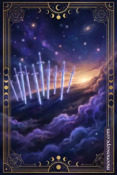 Tarotkarte Zehn der Schwerter: liegende Figur mit zehn Schwertern, dunkler Himmel mit fernem Licht
