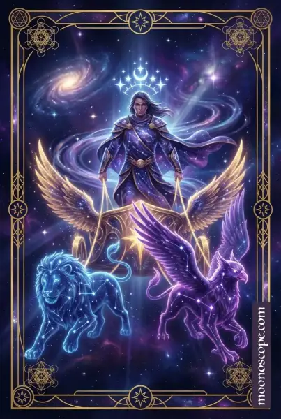 Der Wagen Tarotkarte zeigt einen Wagenlenker mit Krone, der zwei gegensätzliche Sphinxen lenkt – Symbol für Willenskraft und Balance