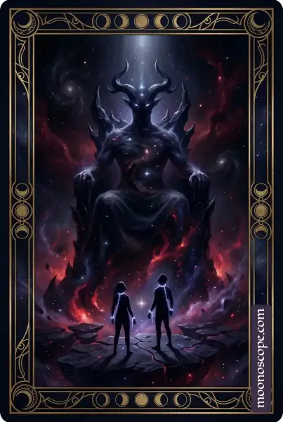 Der Teufel Tarotkarte: Eine gehörnte Figur mit gefesselten Menschen in Dunkelheit