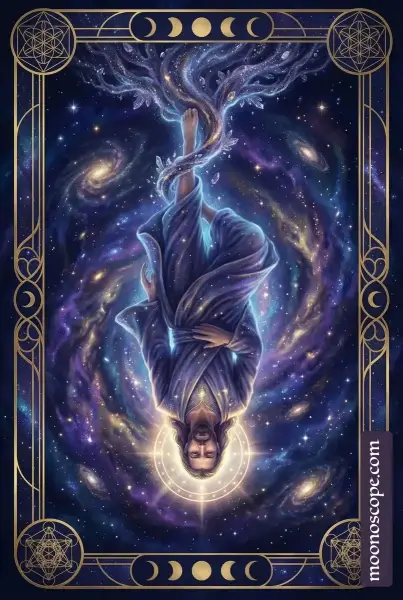 Der Gehängte Tarot-Karte: ein Mann hängt kopfüber an einem Baum in meditativer Ruhe