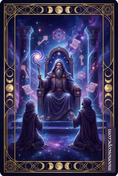 Der Hierophant Tarotkarte: Ein würdiger Priester in rituellen Gewändern sitzt mit erhobener Hand und drei Schlüsseln