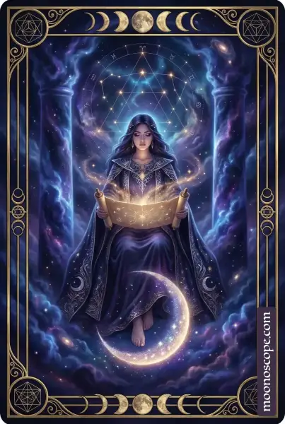 Die Hohepriesterin Tarotkarte – eine Frau sitzt zwischen zwei Säulen mit Mond und Schleier