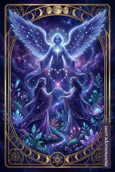 Die Liebenden Tarotkarte zeigt zwei Menschen in verletzlicher Offenheit mit einem Engel über ihnen und einem Baum im Hintergrund