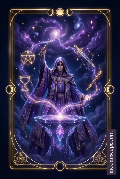Der Magier Tarotkarte zeigt einen Magier mit erhobener Hand, Werkzeuge auf dem Tisch, Unendlichkeitssymbol über dem Kopf
