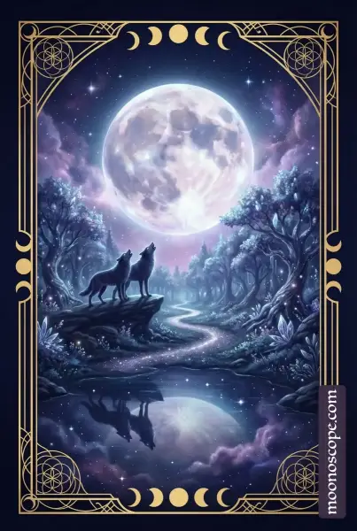 Der Mond Tarotkarte zeigt eine leuchtende Mondscheibe über einer nächtlichen Landschaft mit zwei Türmen und einem Krebs, der aus Wasser aufsteigt