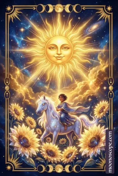 Die Sonne Tarot Karte: strahlende Sonne mit warmem Licht über einem Garten, symbolisiert Erfolg und innere Helligkeit