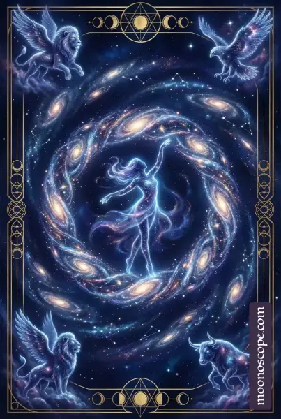 Die Welt Tarotkarte: Eine Figur in einem Kranz mit vier symbolischen Wesen, die Ganzheit und Erfüllung darstellt