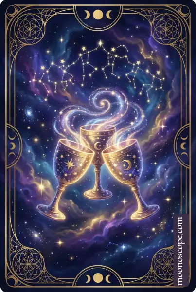 Drei der Kelche Tarotkarte: drei Figuren erheben ihre Kelche in Feier und Gemeinschaft