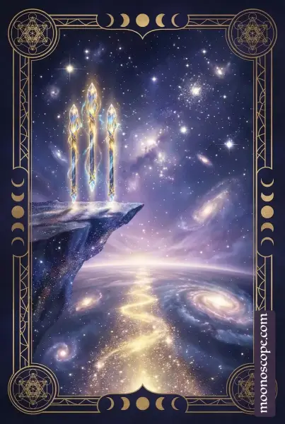 Tarotkarte Drei der Stäbe: Figur mit drei Stäben blickt über eine Landschaft