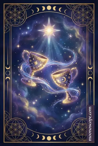Zweier der Kelche Tarot-Karte mit zwei Figuren, die sich einander zuwenden und Kelche austauschen