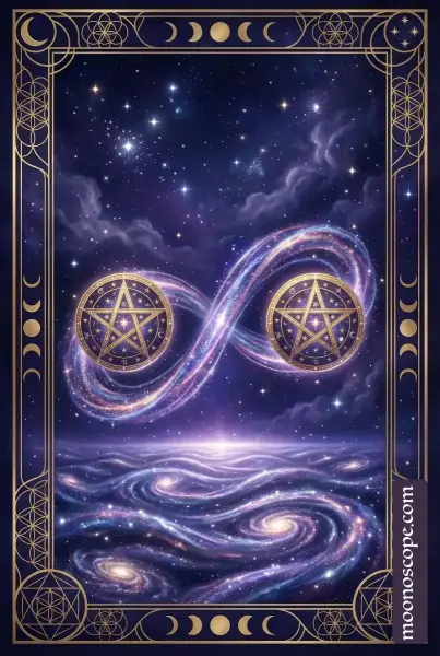 Tarotkarte Zwei der Münzen: Person jongliert zwei goldene Münzen über dem Meer