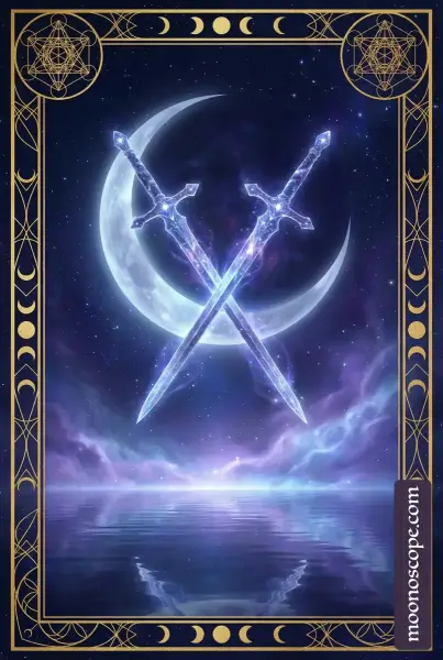 Zwei der Schwerter Tarotkarte: Symbolisiert Entscheidungen, innere Konflikte und die Suche nach Klarheit in mehrdeutigen Situationen