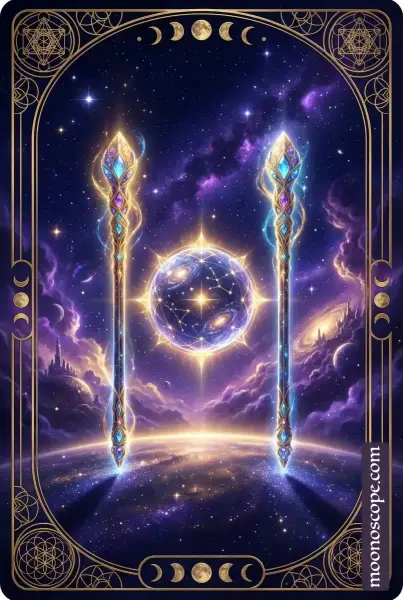 Tarotkarte Zweier der Stäbe – Figur mit zwei Stäben und Globus im Hintergrund