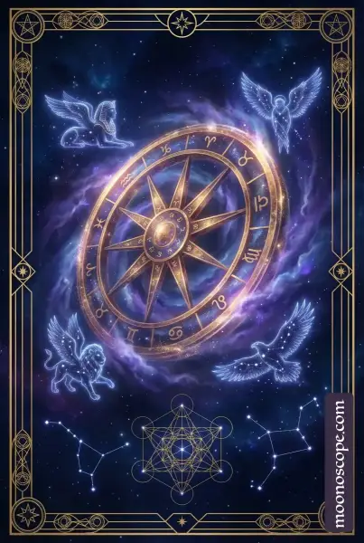 Das Schicksalsrad Tarot zeigt ein großes drehendes Rad mit symbolischen Figuren, Zahlen und kosmischen Zeichen, die Zyklen und Schicksal darstellen